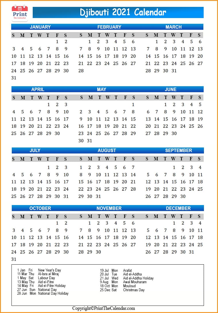 Djibouti Calendar 2021